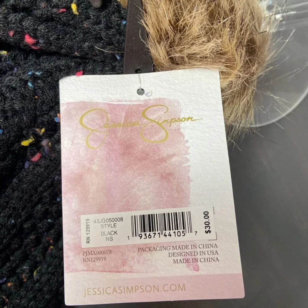 Jessica Simpson Black Confetti Knit Pom Beanie – NWT – Faux Fur Pom